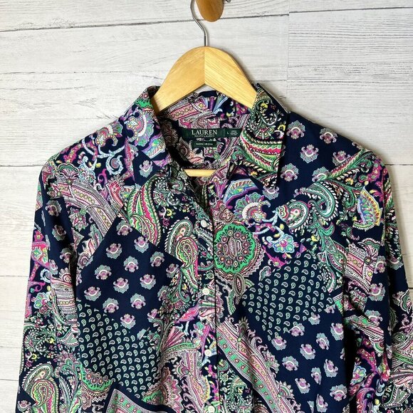 Lauren Ralph Lauren Top Womens Size Large Colorful Paisley Patchwork Non Iron - Picture 8 of 16